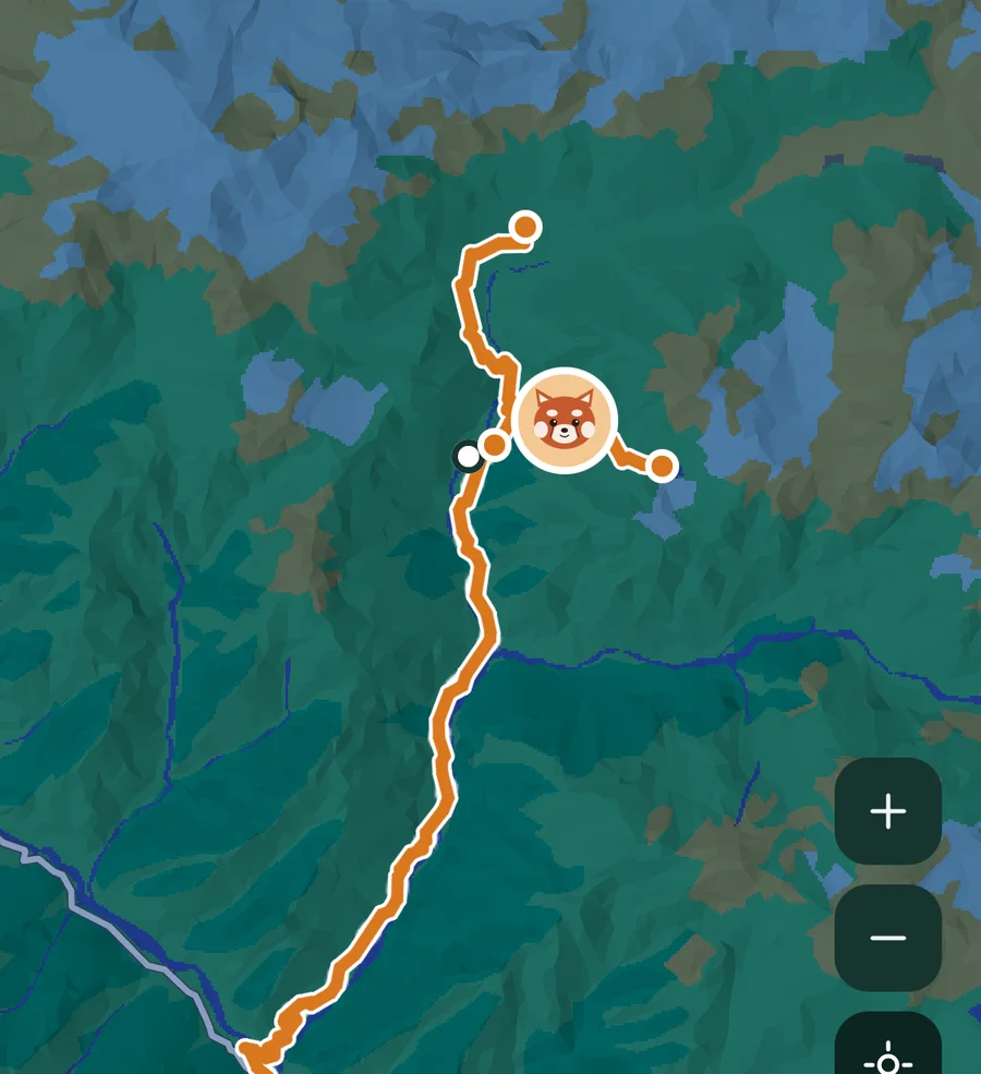 The Valley of Flowers route on a terrain map, the walked part in saffron with the companion part-way along.
